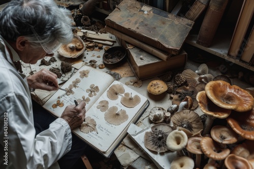 Researcher Documenting Mushroom Species in Journal Surrounded by Books and Specimens