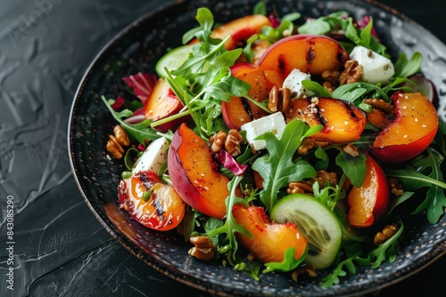 Detailed capture of a gourmet salad highlighting the mix of fruits, greens, and nuts