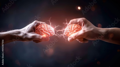 two hands holding a brain with lightning