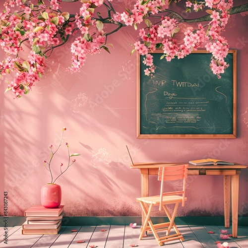 a pink room with a chalkboard and a chair