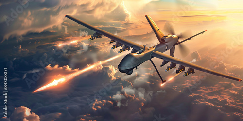 Airplane-type strike drone launches a missile to destroy the enemy