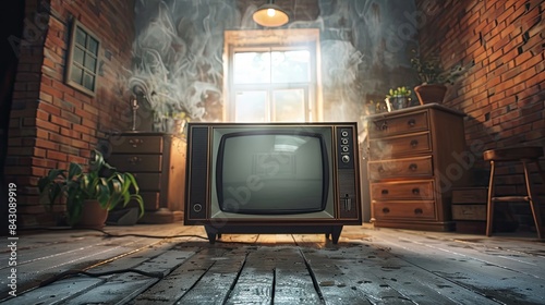 A blazing old-fashioned television set on fire in a dilapidated, abandoned room, creating a dramatic and intense atmosphere – Generative AI 