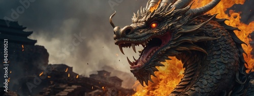 An ancient Chinese dragon, seething with anger, engulfs the world in flames and ruin.