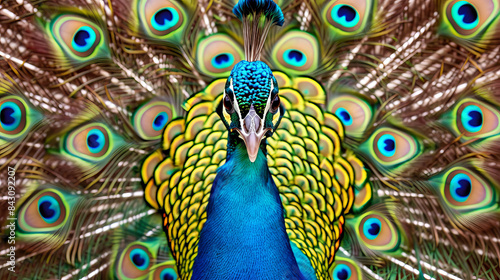 A colorful male peacock shows off its stunning feathers in a close-up view, taken in Lincoln, Nebraska.
