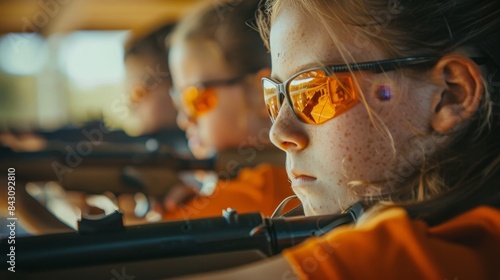 A girl wearing orange and black glasses is holding a gun