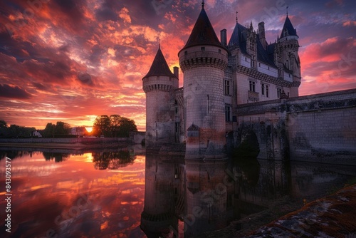 Chateau France. Towering Historical Castle in Loire Valley at Sunset