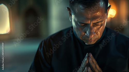 A Hispanic Catholic priest wears a hopeful and emotional expression as he engages in prayer for forgiveness and peace, seeking solace in isolation