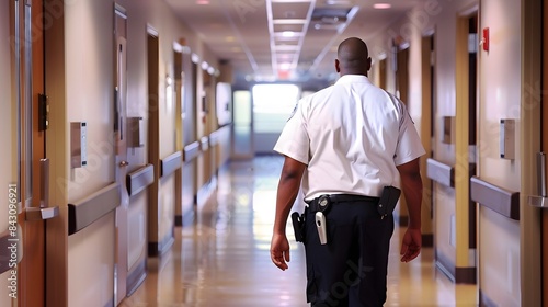 Hospital security guard patrolling a bright, empty corridor, ensuring safety within the facility