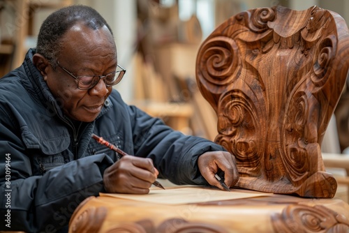 African American furniture maker sketching designs in a bright workshop, Description: Elderly African American in workshop, carving delicate patterns into wooden sculpture. Wears glasses.