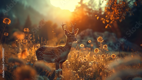 Serene Wildlife Haven, Majestic Deer Rests in Sunlit Meadow, Tranquility Captured in Nature's Embrace