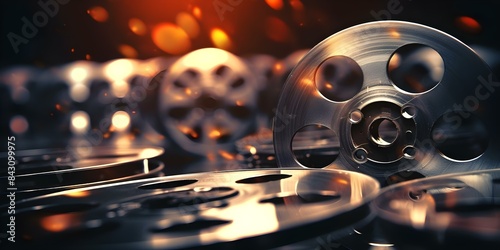 Dusty Film Reels in Closeup with Light Reflections on Dark Background. Concept Closeup Photography, Film Reels, Dusty Texture, Light Reflections, Dark Background