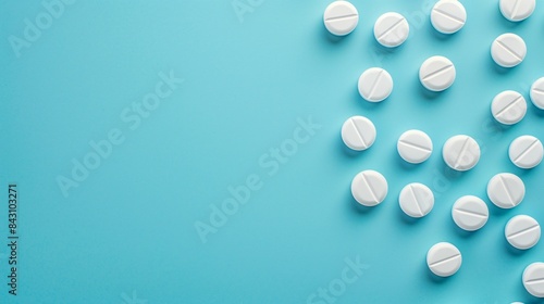 white medicine pills on a blue background with copy space, white tablets