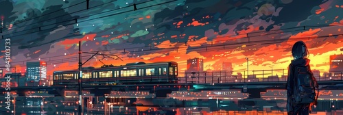 Digital Art: Solitude at Sunset - Person Gazing at Train Over Cityscape