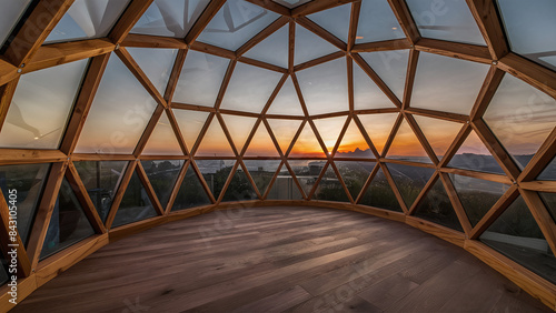 interior photography of a wooden geodesic dome construction, low-impact architecture, eco-friendly building in nature