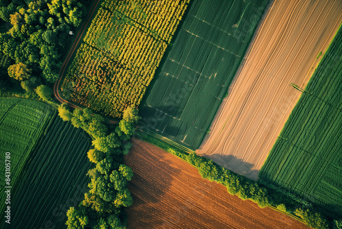 The top view of cultivated farming land from above illustrates the scale and efficiency of modern agriculture, with each section of the field carefully planned and utilized to maxi