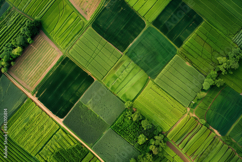 The top view of cultivated farming land from above illustrates the scale and efficiency of modern agriculture, with each section of the field carefully planned and utilized to maxi