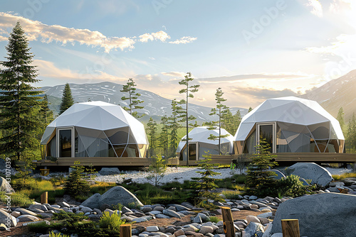 a distributed glamping wooden geodesic domes in the hills, indie alternative eco-friendly vacations, low-impact green architecture, harmony with nature