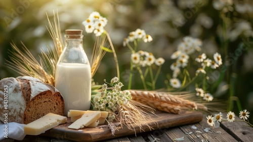 Dairy products, bread, bottles of milk picnic in nature. Jewish holiday Shavuot concept.