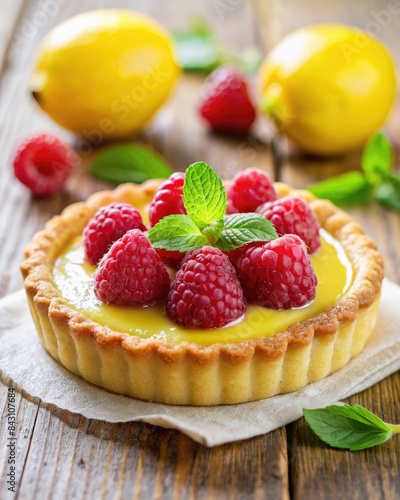 Lemon tart with fresh raspberries.