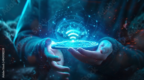 A futuristic WiFi icon is portrayed as an interactive holographic display hovering over hands holding a mobile phone. 