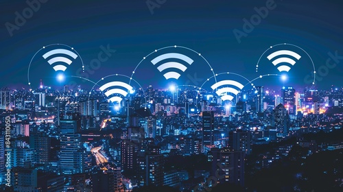 A contemporary cityscape is depicted, highlighting wireless network connections and cityscape concepts. It symbolizes the integration of wireless network technology within urban environments