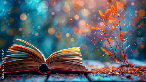 serene autumn book reading with bokeh lights