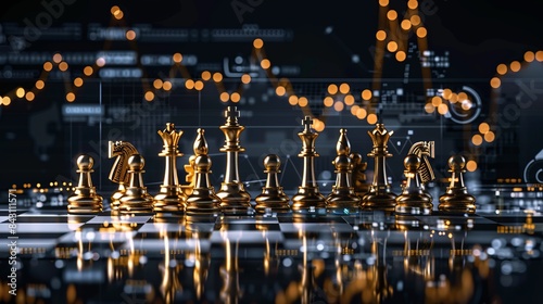 The concept of strategic business ideas for innovation and planning is depicted through a chess competition, symbolizing futuristic graphic icons and a gold chessboard 