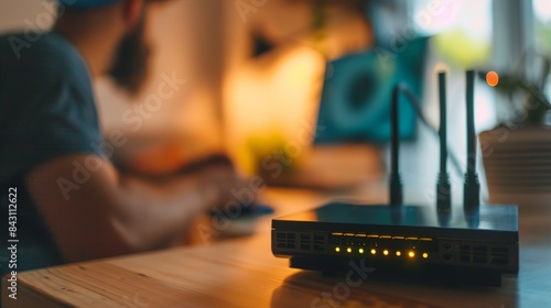 Selective focus on a router. An internet router sits on a working table, with a blurred man connecting cables in the background.