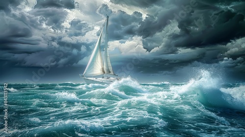 Dramatic seascape depicting a sailboat navigating through powerful,surging ocean waves under a tumultuous,ominous sky,capturing the essence of adventure,resilience.