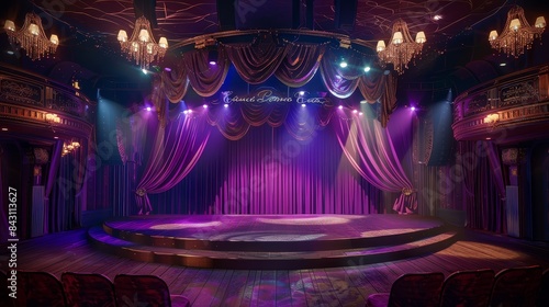 Experience a Timeless Sense of Awe and Wonder with this High-Definition, Image of a Burlesque Cabaret Stage adorned with Amethyst Velvet Curtains and Soft Chartreuse Lighting.