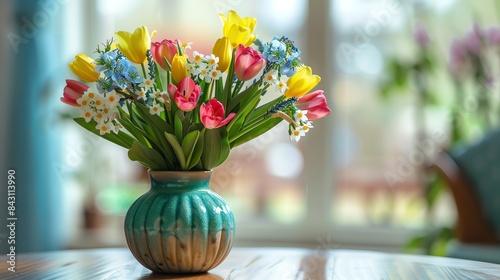 A beautiful bouquet of colorful tulips and other flowers in a blue vase.