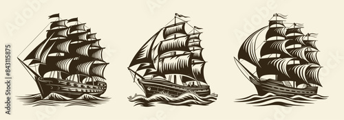 Old sailboat. Royal clipper ship with waving flag and sails. Pirate ship sailboats in sea storm waves, sailing ship in retro hand drawn engraving style. Vector set