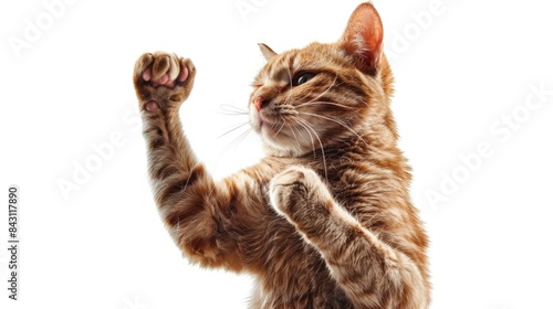 A curious cat standing on its hind legs, holding its paw up in the air