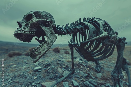 A deceased canine's remains are seen on a rocky terrain, possibly in a desert or wilderness setting