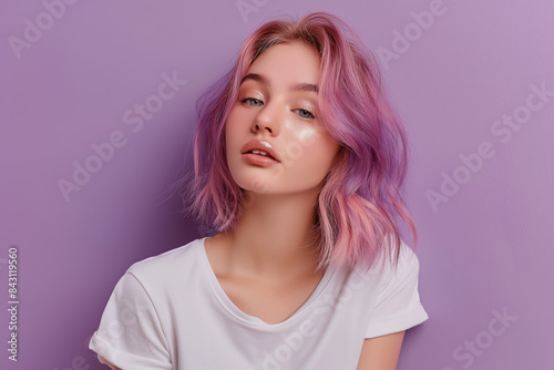 20 years old girl with pastel mauve hair looking serene on a lavender background