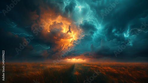 abstract interpretation of a stormy sky over a field, dramatic lightning and clouds