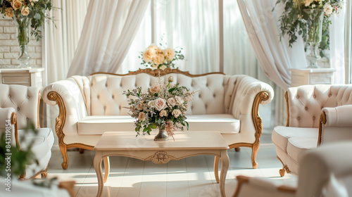 Elegante área de estar para casamentos com móveis elegantes. Luxuoso salão de recepção de casamento