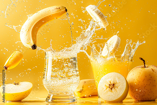 Glass with fruit juice and water next to apples and bananas on yellow background, fruit