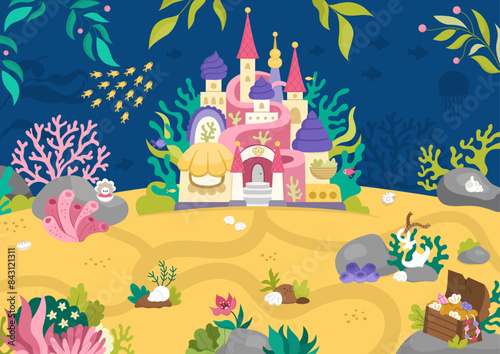Vector mermaid land landscape illustration with castle, fish, seaweeds, treasure. Under the sea or ocean kingdom scene. Cute horizontal water nature background. Aquatic fairytale picture for kids.