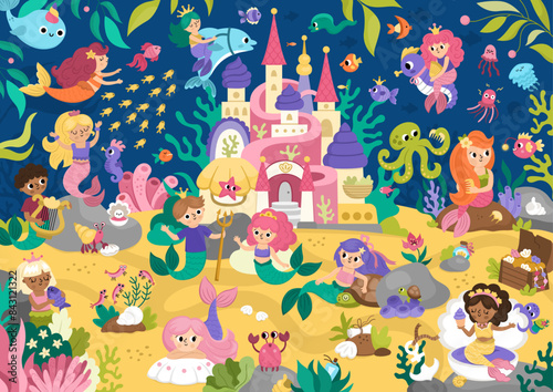 Vector mermaid land landscape illustration with castle, fish, seaweeds, treasure, princes and princesses. Under the sea, ocean kingdom scene. Cute horizontal fairytale or water nature background.