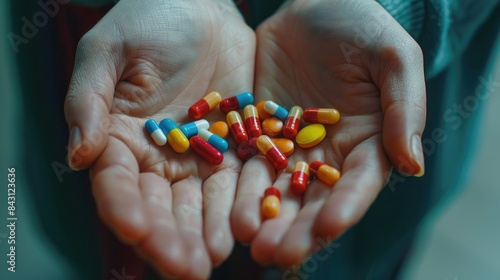 A person is shown holding a handful of pills in their hands, possibly preparing for self-medication