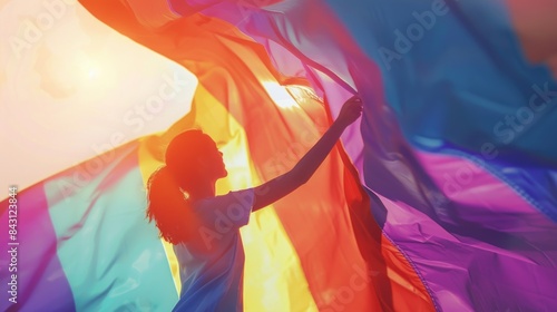 A woman holding a colorful rainbow flag, suitable for diversity and inclusivity-themed content