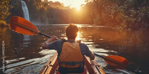 A person paddling a kayak down a river, suitable for travel or adventure images