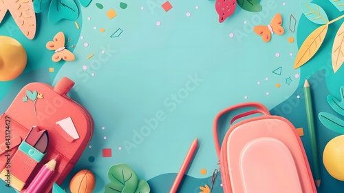 School supplies arranged around blank turquoise background. Back to school flat lay composition with copy space. Education and creativity concept for banner and poster.