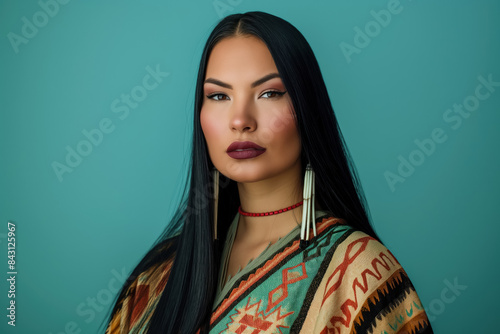 young native american woman in colorful traditional attire posing against a teal background