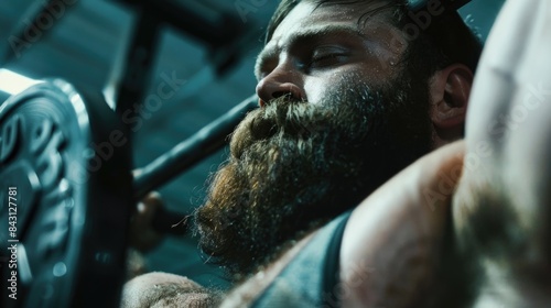 A person with a beard holds a barbell, demonstrating weightlifting exercise