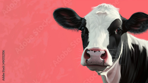 Ilustração de close-up de uma vaca preta e branca sobre um fundo rosa
