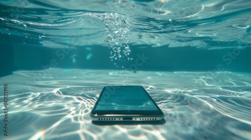 The smartphone drowns in the pool. Background with copy space