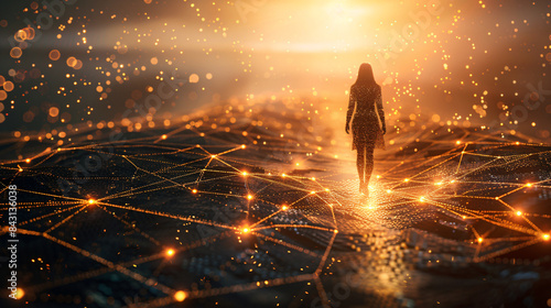 Female entrepreneur walks along a glowing path, symbolizing the quest for creativity