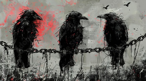  A trio of black avian creatures perched on a metallic chain against a crimson-splattered background